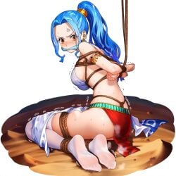 ai_generated angry artist_request blue_hair blush bondage bound captured cleave_gag damsel_in_distress defeated domination feet female female_focus female_only femsub gag harem_outfit helpless humiliation kidnapped nefertari_vivi one_piece restrained rope_bondage sole_female solo sweat tied_up