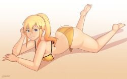 1girls alternate_costume alternate_version_available ass big_ass big_breasts bikini bikini_bottom bikini_top blonde_hair blue_eyes bottomwear breasts bubble_ass bubble_butt darkness_(konosuba) feet female female_only hair huge_ass huge_breasts kono_subarashii_sekai_ni_shukufuku_wo! lackatask legs on_stomach ponytail smile solo solo_female swimwear topwear yellow_bikini