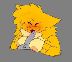 anthro artist_request big_breasts blush boobjob cum drool drretro_(regretevator) eyeliner feline fluffy fluffy_hair furry licking licking_penis long_hair looking_at_viewer precum precum_drip regretevator roblox roblox_game shiny_breasts shitkinker1 source_request y/n yellow_fur