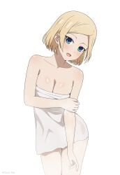 1girls absurd_res absurdres accurate_art_style bare_arms bare_chest bare_legs bare_shoulders bare_skin bare_thighs blonde_female blonde_hair blonde_hair_female blue_eyes blue_eyes_female blush blush_lines breasts cleavage collarbone coro_fae dot_nose elbows female female_focus female_only fingernails fingers hayasaka_nao head_tilt high_resolution highres hourglass_figure kaguya-sama_wa_kokurasetai_~tensai-tachi_no_renai_zunousen~ leaning_to_the_side legs light-skinned_female light_skin looking_at_viewer medium_breasts official_style open_mouth short_hair shoulders simple_background smile smiling smiling_at_viewer solo standing student teenager thighs tilted_head tongue towel towel_around_waist towel_only upper_body upper_teeth wet wet_body wet_clothes wet_hair wet_legs wet_pussy wet_skin wet_thighs wet_towel white_background wide_hips