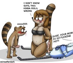 anthro avian balls barbera_(regular_show) bird blood blush cartoon_network cleavage clothed clothing dialogue english_text erection female group humanoid_penis male mammal milf mordecai mother nosebleed parent penis raccoon regular_show rigby rigby's_mom text veinsafterdark