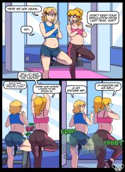 2girls accidental_fart big_belly bloated_belly blonde_hair breath_of_the_wild chubby clothed clothing embarrassed fart female female_only gassy gym lipstick mario_(series) midriff mr_rattleb0nes navel nintendo potbelly princess princess_peach princess_zelda rumbling_stomach shame tears_of_the_kingdom text the_legend_of_zelda workout workout_clothes yoga zelda_(tears_of_the_kingdom)