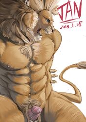 2013 abs chest_tuft fangs feline fur jiandou lion male male_only mammal mane nipples nude penis poking_out precum pubes sheath solo tuft