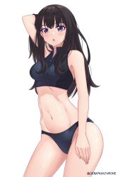 1girls :o absurd_res absurdres arm_behind_head armpits ass bare_arms bare_belly bare_legs bare_midriff bare_shoulders bare_skin bare_thighs belly belly_button black_hair black_hair_female blush blush blush_lines bra breasts breasts dot_nose female female_focus female_only fingernails fingers groin hand_behind_head hand_on_own_thigh hand_on_thigh high_resolution highres inoue_takina legs light-skinned_female light_skin long_hair looking_at_viewer lycoris_recoil medium_breasts navel open_mouth purple_eyes purple_eyes_female seraphim_throne shoulders sideboob simple_background slender_body slender_waist slim_girl slim_waist solo sports_bra standing student sweat sweatdrop sweating sweaty sweaty_body sweaty_legs sweaty_thighs teenager thick_ass thick_thighs thighs thin_waist tongue underboob upper_body v-line white_background wide_hips