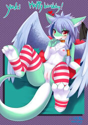 2014 anthro anus blue_hair blush breasts chest_tuft ear_piercing english_text feathered_wings feathers female fur green_fur hair heart legwear lusyue nipples nude piercing pussy solo striped striped_legwear text tuft unknown_species white_fur wings wolflong