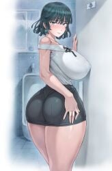 1girls alternate_version_available ass bare_shoulders blush busty fubuki_(one-punch_man) green_eyes green_hair hand_on_butt huge_ass huge_breasts light-skinned_female light_skin mogudan one-punch_man short_skirt thick_thighs thighs tight_clothing