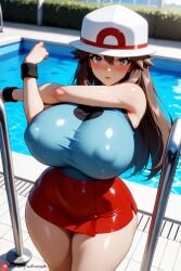 adult_female ai_generated big_breasts big_butt female hat leaf leaf_(pokemon) nintendo pokemon pose round_ass sexy skirt sleeveless_shirt stretching swimming_pool thick_thighs ul7990