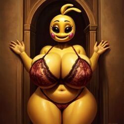 ai_generated animatronic big_breasts black_eyes breasts busty chicken five_nights_at_freddy's five_nights_at_freddy's_2 fnaf furry indoors lingerie no_pupils renaissance robot semi_nude sexy_robot thick_thighs toy_chica toy_chica_(fnaf)