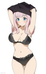 1girls absurd_res absurdres accurate_art_style armpits arms_above_head bare_arms bare_belly bare_chest bare_legs bare_midriff bare_shoulders bare_skin bare_thighs belly belly_button black_bra black_panties black_underwear blue_eyes blue_eyes_female blush blush_lines bra breasts cleavage collarbone coro_fae dot_nose elbows eyebrows_visible_through_hair female female_focus female_only fujiwara_chika groin hands_above_head high_resolution highres hourglass_figure kaguya-sama_wa_kokurasetai_~tensai-tachi_no_renai_zunousen~ large_breasts legs light-skinned_female light_skin long_hair looking_down naked naked_female navel nude nude_female official_style panties pink_hair pink_hair_female shoulders simple_background slender_body slender_waist slim_girl slim_waist solo standing student teenager thick_thighs thighs thin_waist underwear undressing upper_body v-line white_background wide_hips