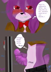 animatronic anthro biting_lip black_pants blush bonnie_(fnaf) bow_tie brown_shirt color comic cute discordmelody five_nights_at_freddy's fur hair lagomorph machine male mammal masturbation mechanical navel penis purple_fur purple_hair rabbit red_eyes robot solo voyeur voyeurism