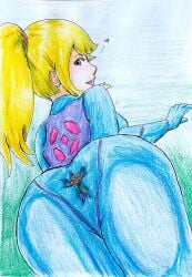 ass ass_focus bimbo blonde_hair drawing giantess gigantic_ass heart jumpsuit little_mac metroid nintendo ponytail punch_out samus_aran skin_tight skin_tight_suit smothering zero_suit zero_suit_samus