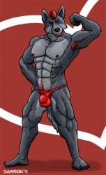 2015 5_toes abs anthro armpit_hair big_chest black_nipples black_nose body_hair broad_shoulders bulge canid canine canis claws clothed clothing detailed_bulge digital_drawing_(artwork) digital_media_(artwork) facial_hair feet fist flexing fur goatee grey_body grey_fur hair hand_on_hip happy_trail heart_symbol holidays humanoid_feet looking_at_viewer male mammal markings mohawk muscular muscular_anthro muscular_male navel nipples pecs plantigrade presenting purple_eyes red_clothing red_hair red_markings red_thong red_underwear sampsonwoof serratus signature simple_background solo standing story story_in_description tail thong thong_only toe_claws toes topless underwear underwear_only valentine's_day wolf