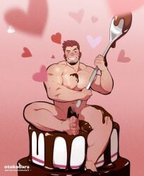 1boy akashi_(live_a_hero) bara blush cake chocolate chocolate_on_body chocolate_on_pectorals chocolate_penis comically_large_spoon completely_nude facial_hair facing_viewer flexing_pectorals food food_on_body full_body goatee grin happy heart heart_background highres holding holding_spoon large_pectorals layer_cake live_a_hero long_sideburns male_focus mini_person miniboy muscular muscular_male nipples nude otokobara oversized_object pectoral_press pectorals penis_rest pink_background red_eyes red_hair scar scar_on_face scar_on_nose short_hair sideburns smile solo sparse_navel_hair spoon thick_eyebrows thick_thighs thighs valentine