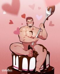 1boy akashi_(live_a_hero) bara blush cake chocolate chocolate_on_body chocolate_on_pectorals chocolate_penis completely_nude facial_hair facing_viewer flexing_pectorals food food_on_body full_body goatee grin happy heart heart_background highres holding holding_spoon large_pectorals layer_cake live_a_hero long_sideburns male_focus mini_person miniboy muscular muscular_male nipples nude otokobara oversized_object pectoral_press pectorals penis_rest pink_background red_eyes red_hair scar scar_on_face scar_on_nose short_hair sideburns smile solo sparse_navel_hair spoon thick_eyebrows thick_thighs thighs valentine