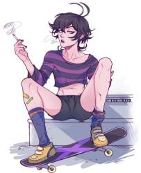 abs athletic_male bandage black_hair brat bratty cigarette crop crop_top femboy green_eyes legs_apart miracide miya_chinen punk short_shorts shorts sk8_the_infinity skateboard skater slutty_clothing slutty_outfit thighs top twink