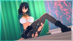 1girls 3d anya_(mouthwashing) big_breasts black_hair bra dussopsfables female female_focus female_only light_skin looking_at_viewer mouthwashing ripped_clothing shirt shirt_lift