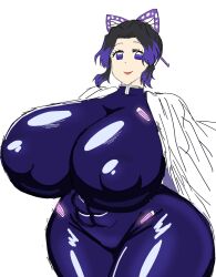 1girls ass big_ass big_breasts breasts demon_slayer fat_ass female female_focus female_only fully_clothed giant_breasts gigantic_breasts huge_ass huge_breasts kochou_shinobu latex latex_suit massive_breasts momiji_(artist) shiny_clothes smile solo tight_clothing wide_hips