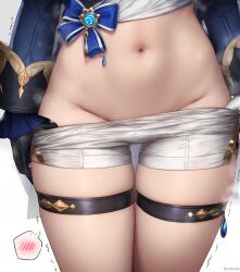 1girls ai_generated belly belly_button blush furina_(genshin_impact) genshin_impact gloves groin hi_res hips legs low-angle_view nai_diffusion nervous nervous_female nervous_sweat no_panties short_shorts shorts shorts_down stable_diffusion sweat teasing thigh_strap thighs thought_bubble trembling trembling_legs white_shorts