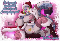 2014 abstract_background anthro areola big_areola big_breasts big_tail blonde_hair blue_fur boots breasts christmas clitoris clothing coat duo_(artist) ear_piercing english_text feline female fluffy_tail fur gloves glowing glowing_eyes hair hat heart hi_res holidays huge_breasts legwear leopard long_hair looking_at_viewer mammal mistletoe naughty_face navel nipples piercing pink_eyes pink_lips pink_nose plant pubes pussy ribbons santa_hat seductive smile snow_leopard snowflakes solo spots spread_legs spreading stockings text thick_thighs tiffany_valentine_(ghostwolf) voluptuous