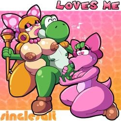 1boy 2girls accessory anthro balls big_breasts bimbo birdetta birdo bow_ribbon breasts fellatio female genitals group group_sex hair_accessory hair_ribbon hairbow hand_on_head handjob heart_eyes heart_symbol hi_res huge_breasts kneeling koopa koopaling male male/female mario_(series) mind_control nintendo nude oral penile penis ribbons scalie sex singlesalt threesome trio wendy_o._koopa yoshi