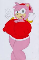 accessory amy_rose big_breasts breasts cleavage clothed clothing dress eulipotyphlan female green_eyes headband hedgehog hi_res huge_breasts hyper mammal nipples open_mouth peace_sign sega seth65 smile solo sonic_(series) v