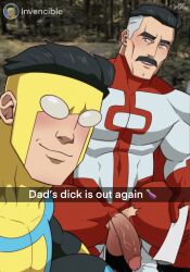 all_draw balls big_penis blush daddy dilf father father_and_son invincible_(superhero) invincible_(tv_series) male male_focus male_only mark_grayson muscular muscular_male nolan_grayson older_male omni-man penis penis_out ripped_clothing selfie snapchat tight_clothing