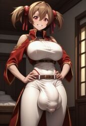 1futa ai_generated anime ayano_keiko balls_under_clothes belt big_balls big_breasts big_penis big_testicles brown_hair bulge civitai clothed clothing_cutout erect_penis erection erection_under_clothes full-package_futanari fully_clothed futa_only futanari grin hair_between_eyes hair_ribbon hand_on_hip huge_balls huge_breasts huge_bulge huge_testicles indoors looking_at_viewer mizuiro01 pants penis_under_clothes red_eyes ribbon short_hair short_twintails silica smile solo solo_futa sword_art_online teeth testicles twintails white_pants