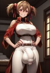 1futa ai_generated anime ayano_keiko balls_under_clothes belt big_balls big_breasts big_penis big_testicles brown_hair bulge civitai clothed clothing_cutout erect_penis erection erection_under_clothes full-package_futanari fully_clothed futa_only futanari grin hair_between_eyes hair_ribbon hand_on_hip huge_balls huge_breasts huge_bulge huge_testicles indoors intersex looking_at_viewer mizuiro01 pants penis_under_clothes red_eyes ribbon short_hair short_twintails silica smile solo solo_futa sword_art_online teeth testicles twintails white_pants