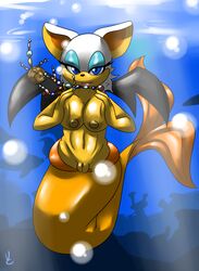 2014 anthro bat big_breasts blue_eyes breast_grab breast_squeeze breasts erect_nipples female fish_tail long_ears looking_at_viewer mammal marine merbat mermaid nipples nude png pussy rouge_the_bat sega signature smile solo sonic_(series) underwater virate-chip water wings