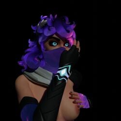 artemis_(fortnite) blue_eyes breasts fortnite nipples purple_hair shirtless tagme