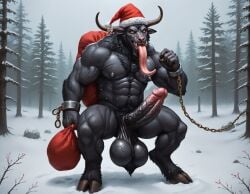 1boy ai_generated anthro balls big_balls big_muscles big_nipples big_pecs big_penis black_body booster_rex christmas_hat christmas_tree erection gay horns huge_balls huge_cock huge_muscles huge_pecs krampus looking_at_viewer male male_only muscles muscular muscular_anthro muscular_male nipples pecs penis solo solo_male tongue tongue_out yaoi