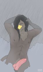 1boy 2014 animal_genitalia anthro avian balls beak black_hair erection feathers fur gryphon hair harpy_cagewing looking_at_viewer male male_only mammal nipples nude oops_(artist) penis shower solo water wet wet_fur wet_hair