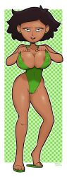 1girls albinocawfee amphibia areola_slip areolae big_breasts breasts brown_hair cameltoe cleavage ear_piercing earrings feet female female_only footwear full_body green_swimsuit hair hips huge_breasts legs mature mature_female mature_woman milf mother mrs._boonchuy one-piece_swimsuit oum_boonchuy sandals solo solo_female swimsuit swimwear thighs toes