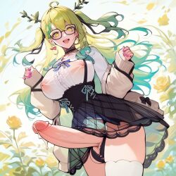 ai_generated bangs breasts ceres_fauna ceres_fauna_(3rd_costume) cowboy_shot cute_nerd futa futa_only futanari glasses hololive hololive_english huge_balls huge_cock large leaking_cum looking_at_viewer nerd nipples_visible_through_clothing panties precum_on_penis smile solo virtual_youtuber vtuber