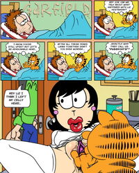 1girls 2boys anthro dialogue english_text feline female fingering furry garfield_(series) garfield_the_cat group human human_on_anthro interspecies jon_arbuckle lawgick liz_wilson male mammal purple_pussy pussy text zoophilia