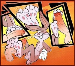 3_toes anthro blush bodily_fluids bugs_bunny clothing comic disembodied_penis duo feet foot_fetish foot_play footjob foreskin gay genitals gloves handwear hi_res looney_tunes male male_foot_fetish pawpads paws penis pink_pawpads plantigrade sex soles solo_focus spread_toes sweat the-alfie-incorporated toes warner_brothers