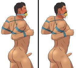 1boy abs ass ass_cleavage bara beauty_mark biceps big_ass black_hair bondage cleave_gag completely_nude dark_hair dorian_pavus dragon_age dragon_age_inquisition drool drooling erect_penis erection facial_hair gag gagged gagged_male gagging gay_male light-skinned_male light_skin looking_at_viewer mage male male_only mole moustache muscles muscular muscular_male naked naked_male nipples nude nude_male pecs penis rope rope_bondage saliva saliva_trail solo solo_male standing standing_position sunspots_(artist) tied_arms tied_up video_games