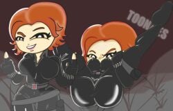 2017 black_suit black_widow_(marvel) hard_nipples heroine marvel middle_finger nipples_visible_through_clothing orange_hair solo spread_legs tagme tight_clothing toonziestv