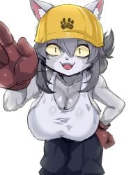 3:4 :3 anthro anthrofied armor big_breasts biped breasts cleavage clothed clothing domestic_cat felid feline felis female female_anthro front_view fur gloves grey_body grey_fur grey_hair hair handwear headgear helmet hi_res kamen_no_hito kemono looking_at_viewer mammal open_mouth pupils safety_cat safety_helmet shirt simple_background slit_pupils solo tank_top topwear white_background