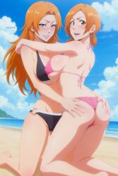 2girls adult adult_and_teenager age_difference ai_generated ass ass_focus ass_grab asymmetrical_docking barefoot beach big_breasts bikini bikini_bottom bikini_top bleach blue_eyes blush breasts brown_eyes cleavage feet feet_out_of_frame female female/female female_only hug huge_breasts inoue_orihime kneeling large_breasts long_hair matsumoto_rangiku midriff mole mole_under_mouth nai_diffusion ocean on_knees orange_hair pixiv_username revealing_swimsuit sagging_breasts sand seaside skimpy skimpy_bikini smile stable_diffusion swimsuit taz_ia teenager thick_thighs tied_hair twintails url very_long_hair voluptuous voluptuous_female water watermark web_address yuri