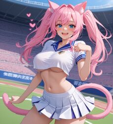 1girls 2d ai_assisted ai_generated ai_girl athletic big_breasts blue_eyes breasts cat_ears cat_girl cat_tail catgirl cheerleader cheerleader_costume cheerleader_outfit cheerleader_uniform cleavage cosplay curvy_female excited female female_focus fit_female front_view girl heart hearts_around_head huge_breasts humanoid knees legs_apart lewdtuber light_skin long_socks looking_at_viewer mature_female mature_woman midriff midriff_baring_shirt miniskirt neko nyan_ai nyanai outfit pale_skin pink_hair pose school_girl sfw shiny_skin skirt solo standing standing_female thick_thighs underboob virtual_youtuber