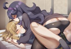 ai_generated ass_focus bare_legs blonde_hair closed_eyes gym_uniform hex_maniac in_search_of_holy_water light-skinned_female light_skin long_hair nintendo peeing pokemon pokemon_xy purple_hair pussy_on_pussy serena_(pokemon) urine vaginal_sex yuri