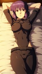 ai_generated artkoikoi bed cameltoe covered_navel covered_nipples female ghost_in_the_shell kusanagi_motoko looking_at_viewer on_bed purple_hair solo