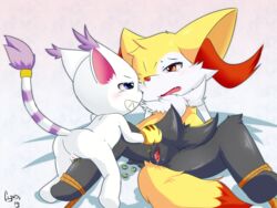 2014 anthro bandai bondage bound braixen canine clyndemoon crossover digimon duo feline female fox gatomon mammal nintendo nude piercing pokémon_(species) pokemon pokemon_(species) pussy spreading video_games yuri