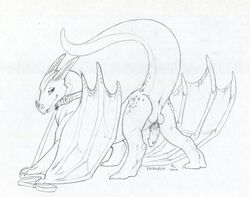 2014 anus backsack balls caltroplay collar digitigrade erection feral half-closed_eyes horn leash looking_at_viewer male monochrome nazurah penis raised_tail scalie seductive sketch smile solo spots standing submissive thick_tail traditional_media wings