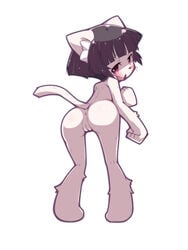 black_hair blush feline female fur hair kemono mammal nude omunikin pink_eyes pussy short_hair solo white_fur