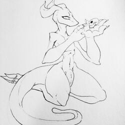 1boy 2014 anthro black_and_white dragon earthbound giegue line_art male male_only monochrome nintendo nude penis plain_background rainbowviking skull solo toned video_games white_background