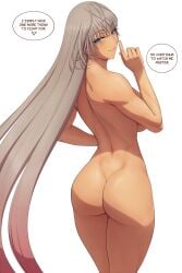 1girls ass bad_source blue_eyes blush breasts dark-skinned_female dark_skin english_text fate/grand_order fate_(series) female from_behind grey_hair highres large_breasts long_hair looking_at_viewer looking_back lvl_(sentrythe2310) middle_eastern_female parted_lips simple_background solo tagme white_background zenobia_(fate)