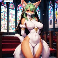 2024 ai_generated animal_ear_fluff animal_ears animal_nose anthro anthro_only artist_name body_fur breasts canine church covered_nipples female fox fox_ears fox_girl fox_tail furry furry_female green_hair indoors large_breasts looking_at_viewer necklace nun red_eyes smile snout solo stable_diffusion stained_glass tail twitter twitter_username watermark white_fur yiffyjiffy69