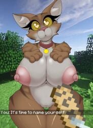 anthro areola big_areola big_breasts breasts brown_body brown_eyes brown_fur cat_minecraft clitoris collar collar_only collar_tag dialogue digital_drawing_(artwork) digital_media_(artwork) domestic_cat elzorrogomita english_text eyelashes felid feline felis female forest forest_background fur genitals hand_on_breast hand_on_own_breast heart_eyes heart_symbol hi_res mammal minecraft minecraft_background name_tag nature nature_background navel nipple_dip nipples nude pink_areola pink_nipples pink_nose plant pussy red_collar screencap screencap_background striped_body striped_fur stripes tabby_cat_(minecraft) text thick_eyelashes thick_thighs tree white_body white_fur wide_hips yellow_sclera